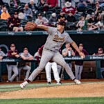 Carlon (14) delivers a pitch in ASU's Friday matchup against MSST at Globe Life Field in Arlington, Texas