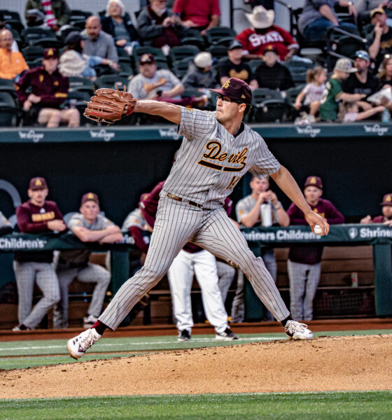 Carlon (14) delivers a pitch in ASU's Friday matchup against MSST at Globe Life Field in Arlington, Texas
