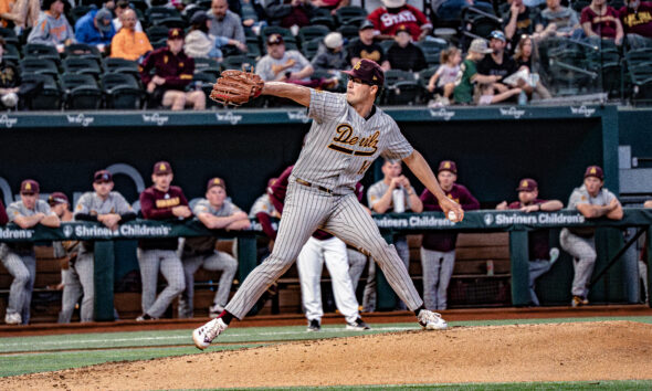 Carlon (14) delivers a pitch in ASU's Friday matchup against MSST at Globe Life Field in Arlington, Texas