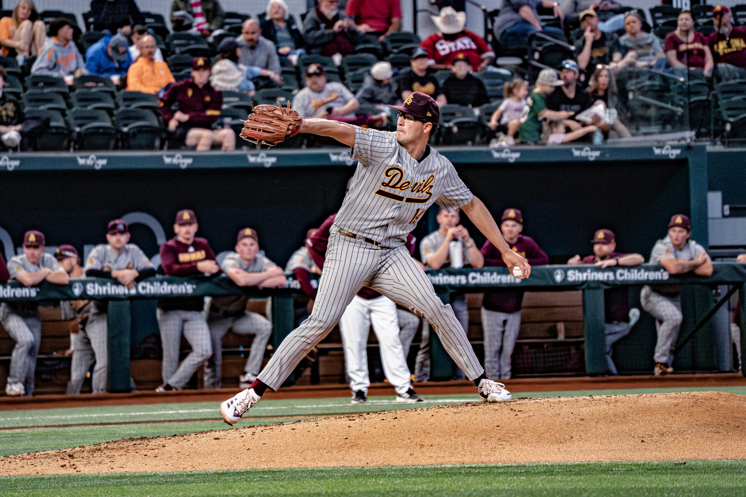 Carlon (14) delivers a pitch in ASU's Friday matchup against MSST at Globe Life Field in Arlington, Texas