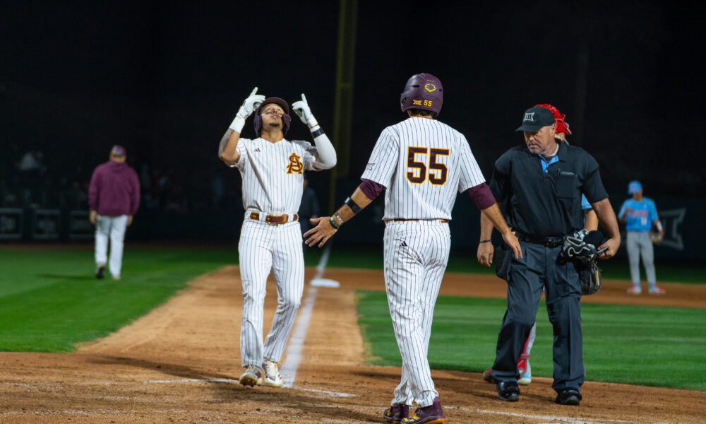 Nu'u Contrades points towards the sky after hitting a late home run for the Sun Devils in a Friday night matchup against LMU. Photo by Emma Gonzalez, Sun Devil Daily