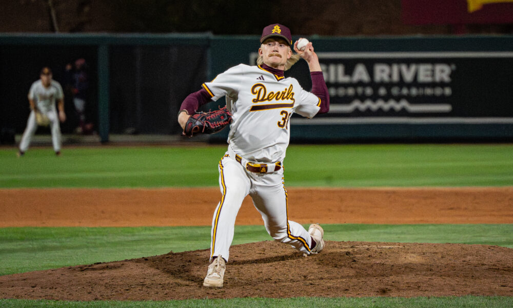 Sean Fitzpatrick delievers a pitch in the seventh inning of an ASU-Arizona matchup on March 10, 2026 at Phoenix Municipal Stadium in Phoenix, Arizona