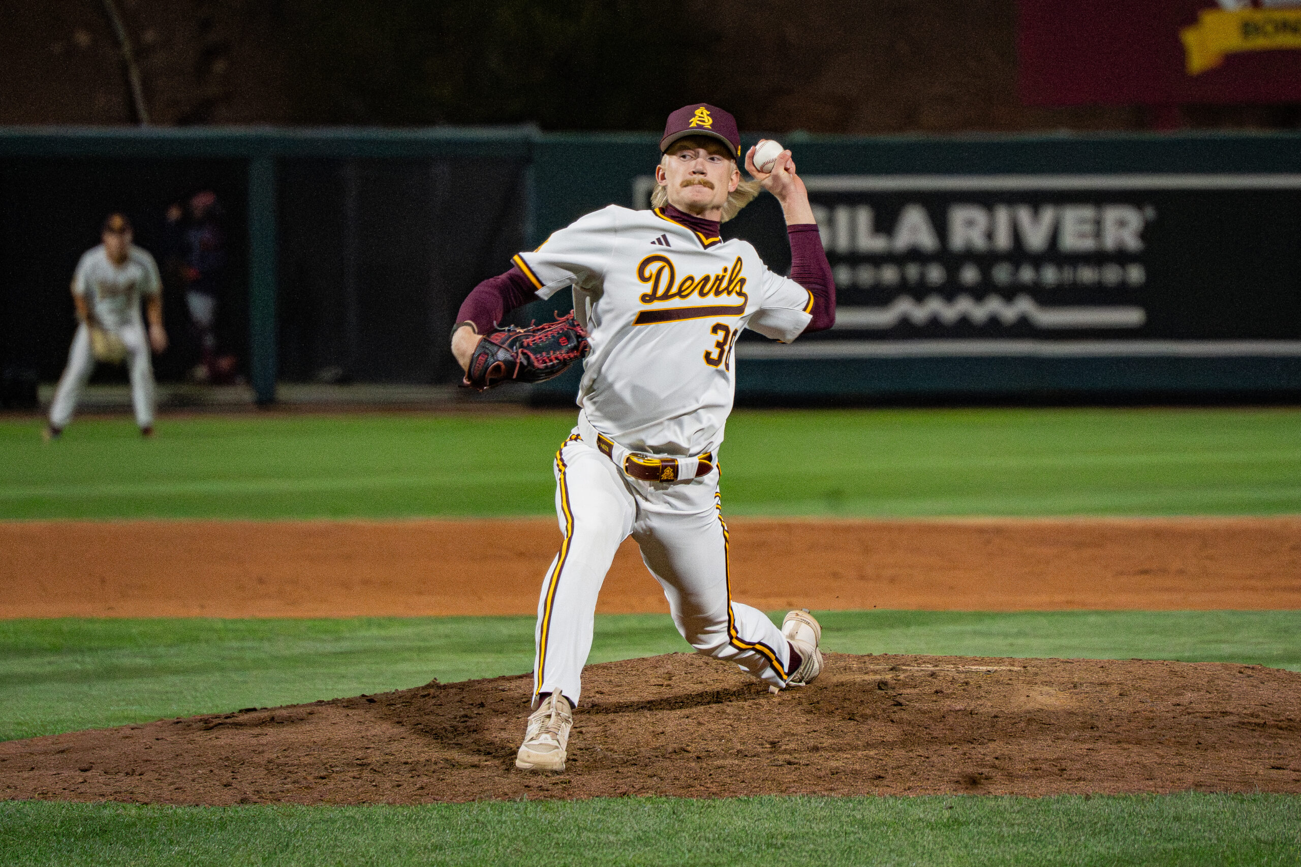 Sean Fitzpatrick delievers a pitch in the seventh inning of an ASU-Arizona matchup on March 10, 2026 at Phoenix Municipal Stadium in Phoenix, Arizona
