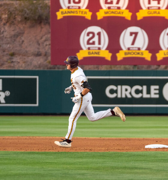 Dominic Smaldino rounds second following a home run in ASU's 11-2 victory over Baylor on April 24, 2026 at Phoenix Municipal Stadium