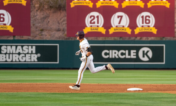 Dominic Smaldino rounds second following a home run in ASU's 11-2 victory over Baylor on April 24, 2026 at Phoenix Municipal Stadium