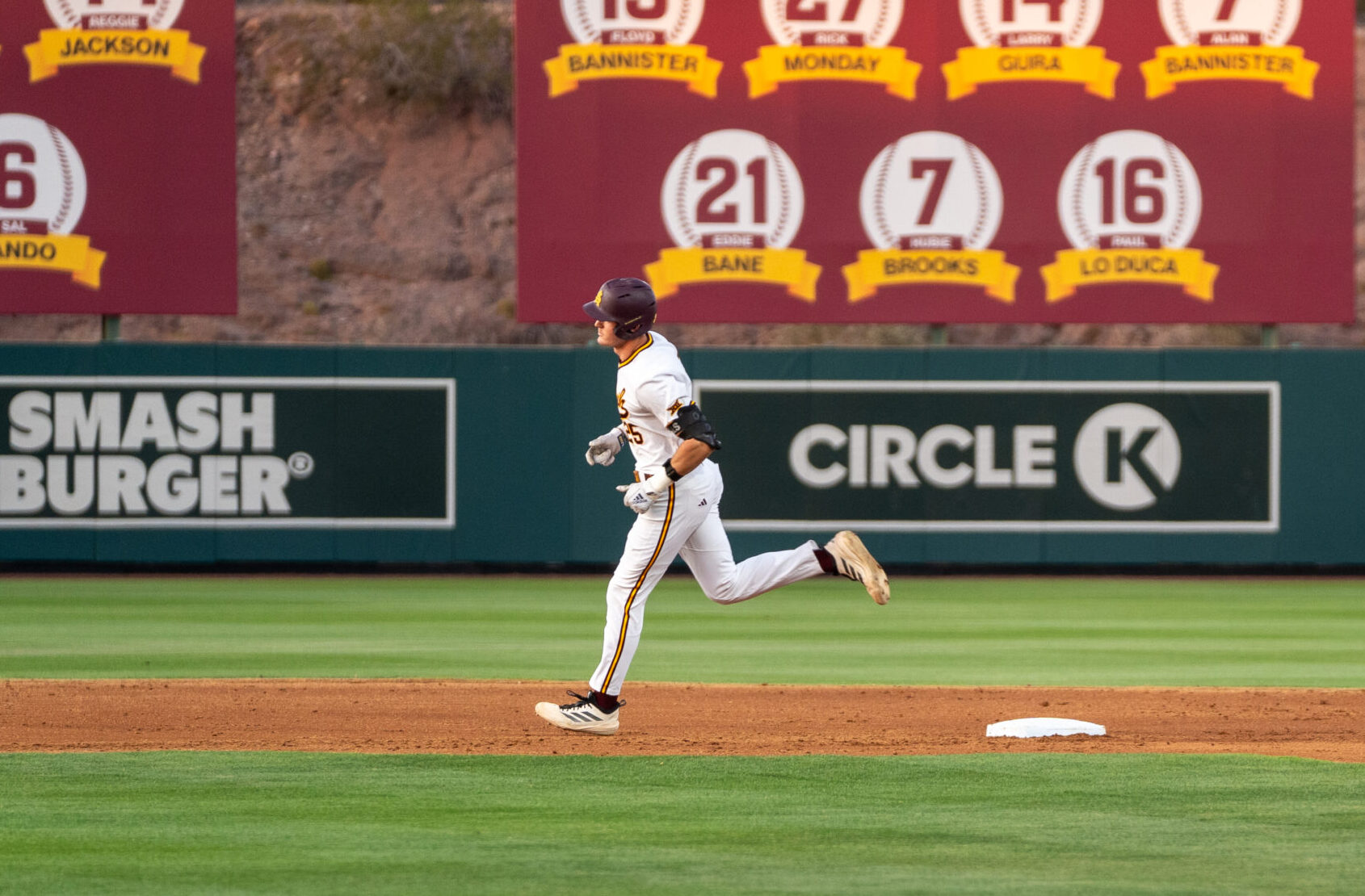 Dominic Smaldino rounds second following a home run in ASU's 11-2 victory over Baylor on April 24, 2026 at Phoenix Municipal Stadium