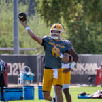 Cutter Boley throws a pass at the Kajikawa Practice Fields on August 18, 2026